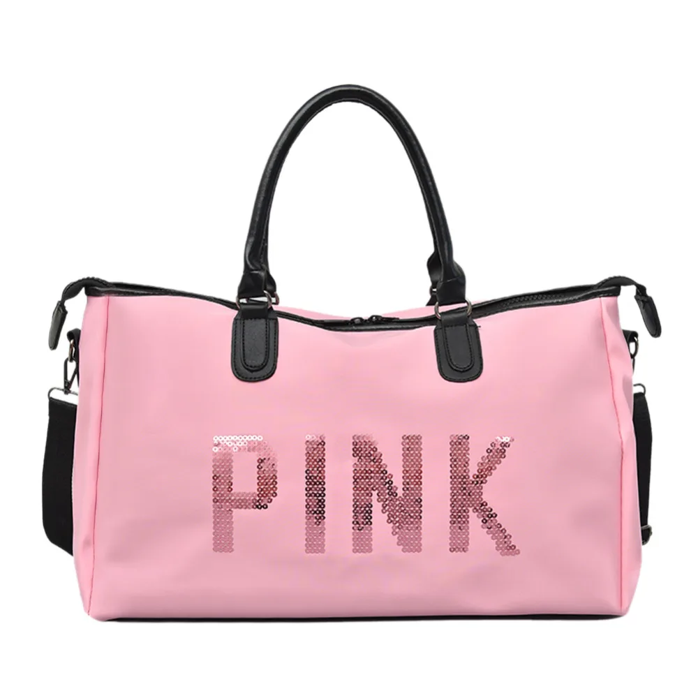 

Newest Design Sequins PINK Letters Gym Fitness Sport Shoulder Bag Women Waterproof Outdoor Yoga Tote Handbag Travel Duffel Bolsa
