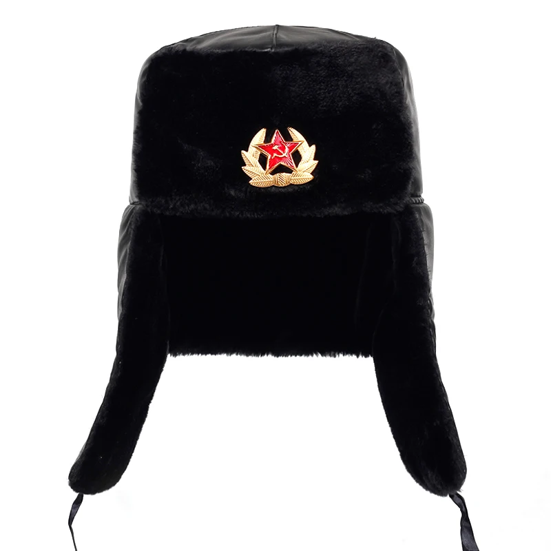 Soviet Army Military Badge Russia Ushanka Bomber Hats Pilot Trapper trooper Hat Winter Faux Rabbit Fur Earflap Men Snow Caps men's bomber hats