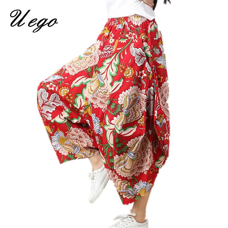 Uego Loose Vintage Wide Leg Pants Cotton Linen Print Floral Fashion Cross-pants 2019 New Arrival Women Summer Casual Pants