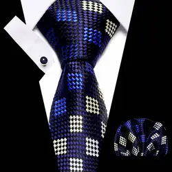 Новый дизайнерский Золотой Синий Геометрический клетчатый Свадебный галстук набор 100% шелковые галстуки для мужчин подарок свадебный