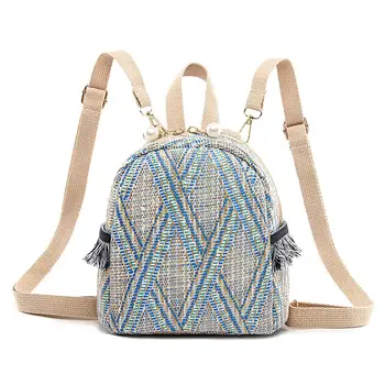 

Colorful Striped Fringe Straw Backpack Women Faux Pearl Zipper Shoulder Bag