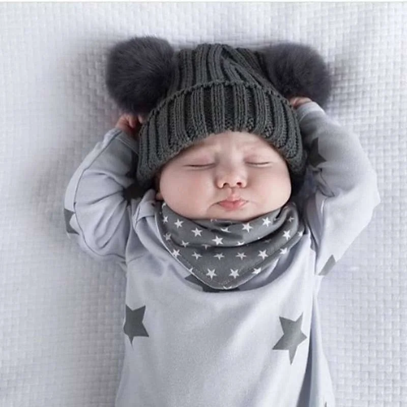 

Baby Girls Hat Faux Fur Double Pompom Hat For Girls Crochet Winter Kids Caps Fashion Children's Hats Caps