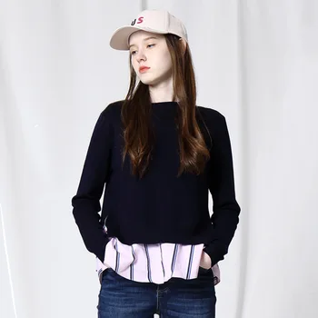 

navy stripe splicing joker knitwear turtleneck sweater women Korean style pull fem me 2019 autumn winter knitwear plus size Top