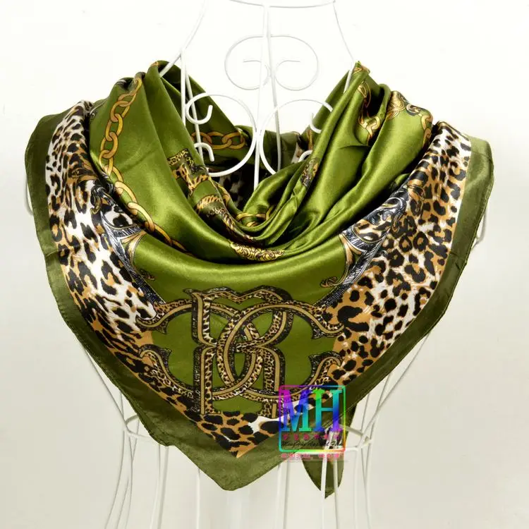 leopard army green Элегантный женский большой квадратный шелковый шарф с принтом, 90*90 см, модный весенний и осенний серый и фиолетовый Шелковый шарф из полиэстера, шаль - Цвет: leopard army green