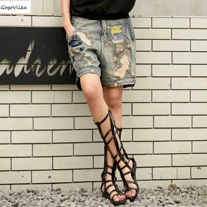 

Color Painted Jean Shorts 2019 Summer Women Handsome Hip Hop Patch Holes denim Shorts Thin Straight Shorts Harajuku LT222S50