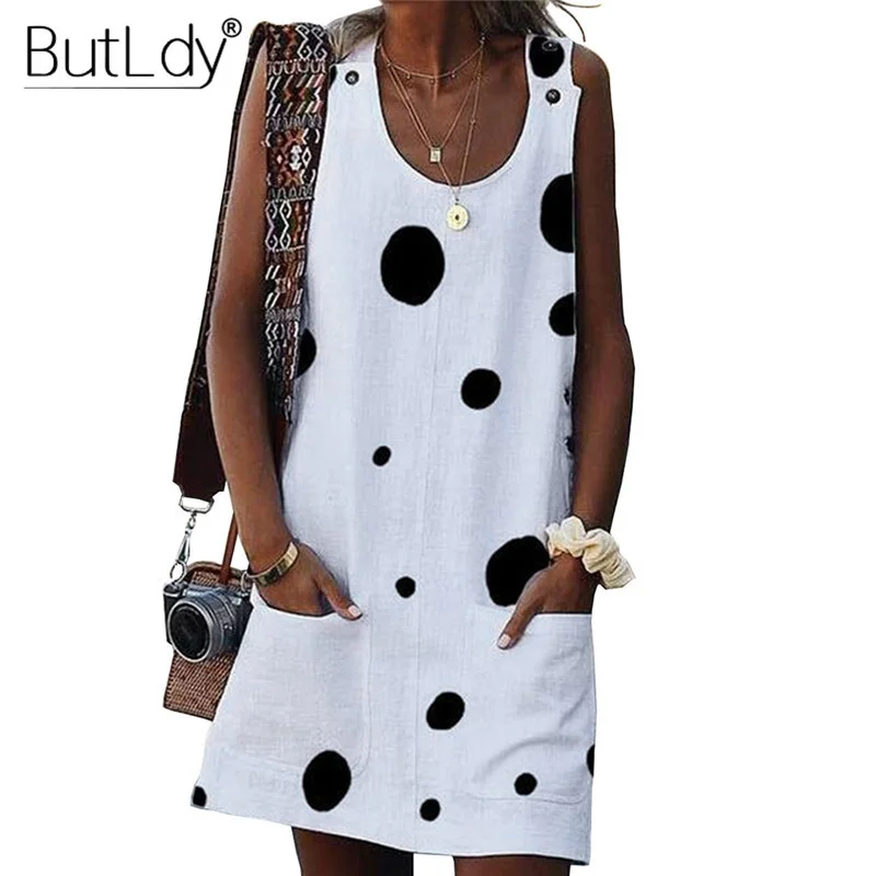 

Big Polka Dot Tank White Women Dress Summer 2019 Sexy Sleeveless Ladies Dresses with Pockets Button Cotton Linen Dress Women