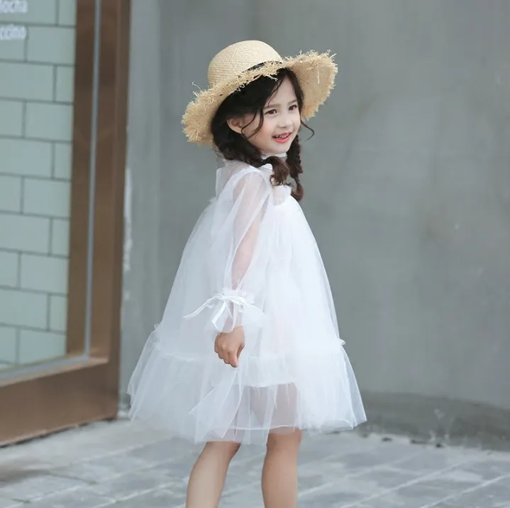 

2018 Spring Summer New Arrival Girls Princess Dress Children's Transparent Gauze Long-Sleeve One-Piece Kids Veil Dresses A425