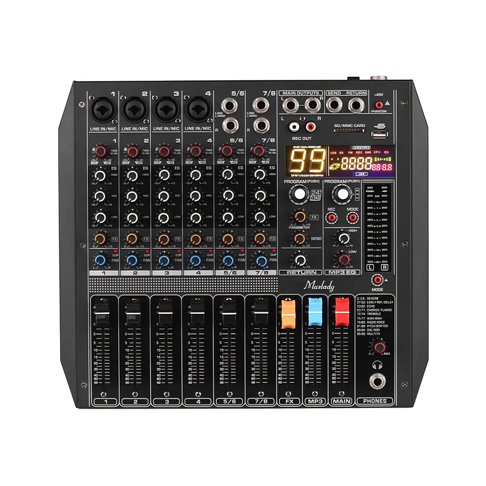 

8-Channel Mixing Console Mixer Built-in 99 DSP Effects +48V Phantom Power Supports BT Connectionfor for Recording Network Live