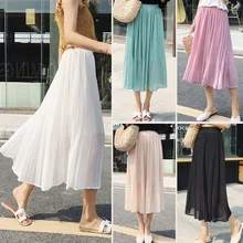 Для женщин шифоновая юбка летние тонкие однотонные плиссированные юбки Saias миди длинные Faldas Винтаж Плоский эластичный Высокая Талия пляж плюс Размеры