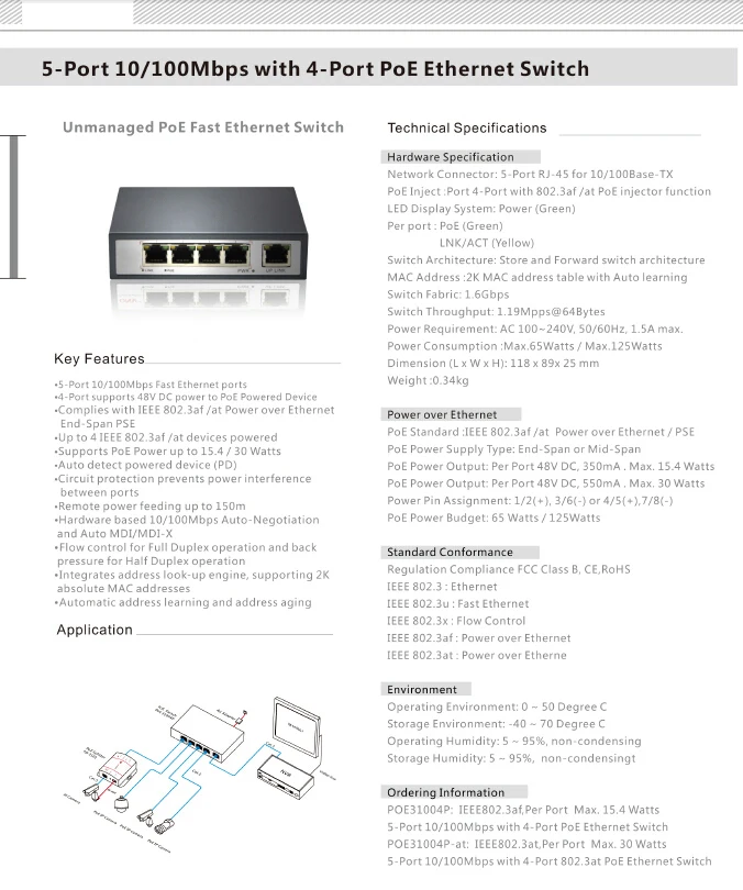 POE коммутатор 4-портовый PoE коммутатор 4+ 1 Порт настольный Быстрый Ethernet коммутатор IP сетевые камеры питание с камерами и nvr POE31004P