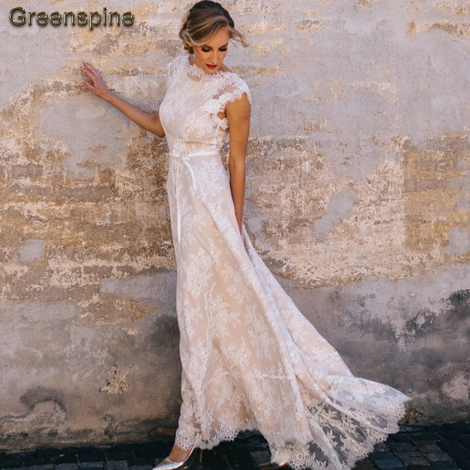 Greenspine Винтаж кружево пляжные свадебное платье шампанское 2019 спинки сексуальные