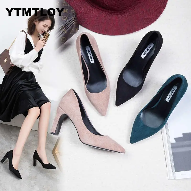 Plus Size 35-43 Size Women 10cm Block High Heels Bridal Scarpin Pumps Ladies Pointed Toe Black khaki Plaza Heels Female Shoes