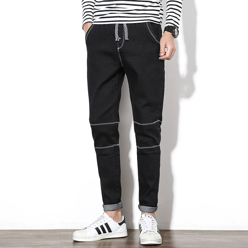 Весна и новые летние джинсы-варёнки Для мужчин черный тонкий Эластичная лента Модные Повседневное личность уличная джинсовые брюки