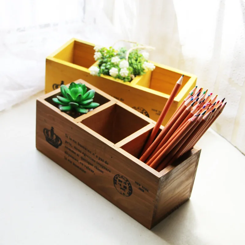 Hot Sale Zakka Wooden Pen Holder Storage Box three grids Brush Pot