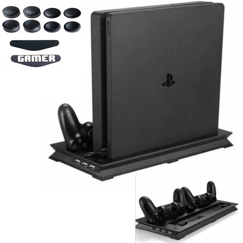 

PS4 Slim Vertical Stand Cooling Fan Cooler & Dual USB Charger Charging Dock 3 Extra HUB for Playstation 4 PS4 Slim Untral Slim