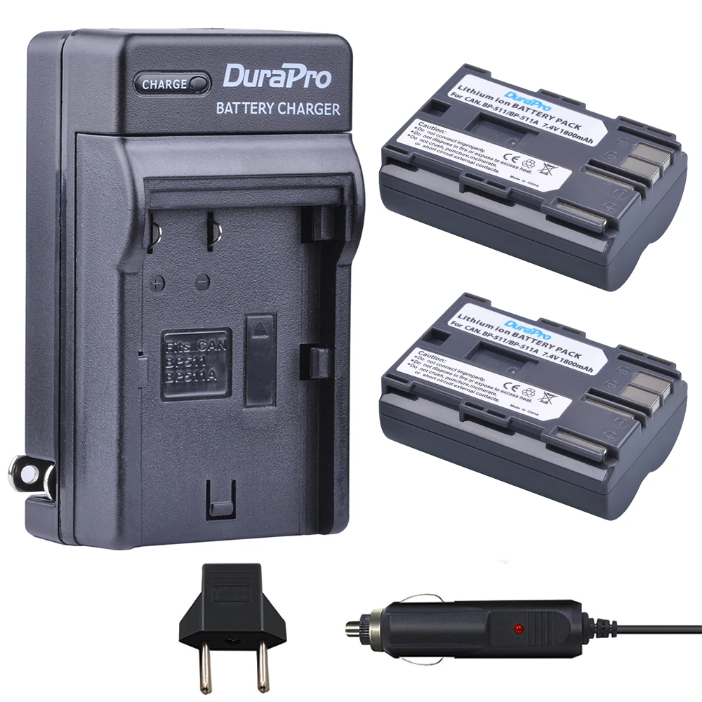 Durapro 2Pc 1800Mah Bp-511 Bp 511 7.4V Batteria Per Fotocamera + Caricabatteria Per Auto Per Canon Bp-511 Bp-511A Bp 511A 50D 40D 30D D60 D30 5D