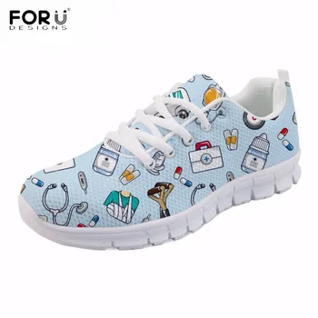 

FORUDESIGNS Cute Cartoon Nurse Pattern Mesh Flats Shoes for Teens Girls Casual Breathable Lace Up Sneakers Fashion Lady Footwear