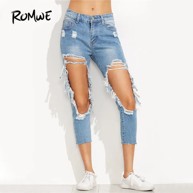 ROMWE Extreme Distressed Cropped Jeans Women Blue Cut Out Skinny Denim Pants Autumn Mid Waist Sexy Button Fly Casual Jeans