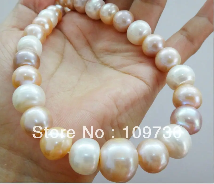 

Jewelry 001557 TOP HUGE 18"13-15MM SOUTH SEA GENUINE WHITE GOLD PINK MULTICOLO PEARL NECKLACE 14KGP
