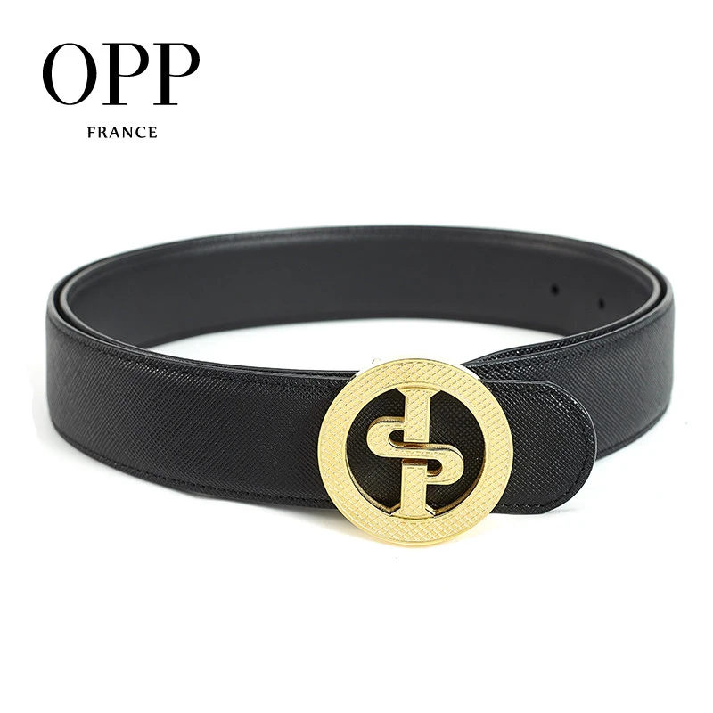 

OPP Men's Belt Fashion Business Casual Leather Belt Round Buckle Metal Needle Gold Buckle Men's Black Belt