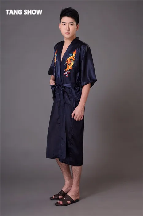 Вышивка дракон черный традиционный китайский для мужчин халат шелковый атлас пижамы кимоно юката ванной платье пижамы Размеры s m l xl XXL MR021