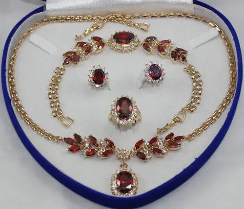 

18KGP red purple zircon beaded flower necklace bracelet earring ring set