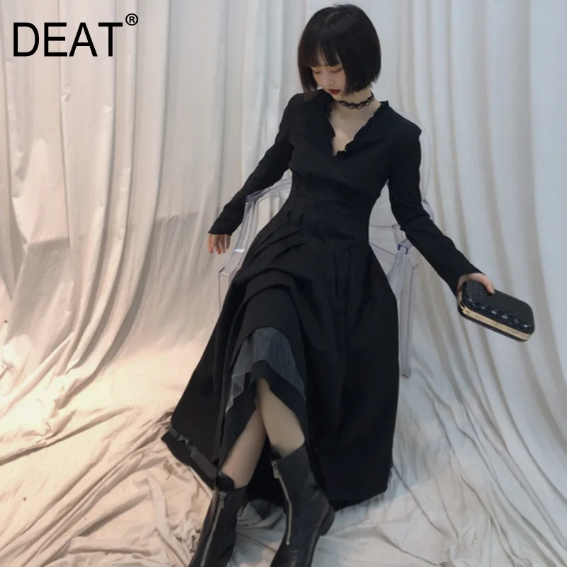 

DEAT 2019 new summer fashion women clothes V-neck full sleeves lace patchwork back open high waist jacket dress WH38501L