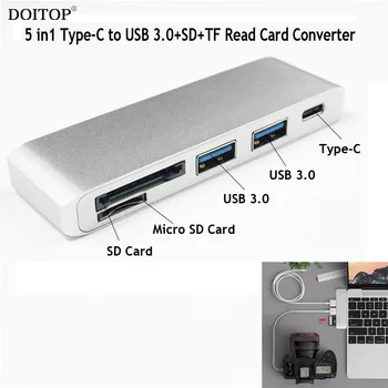 DOITOP 5 in1 Type C to USB 3.0+SD+TF Card Reader+Type-c Charging Converter Combo With PD Converter Type-C USB 3.0 Hub Splitter