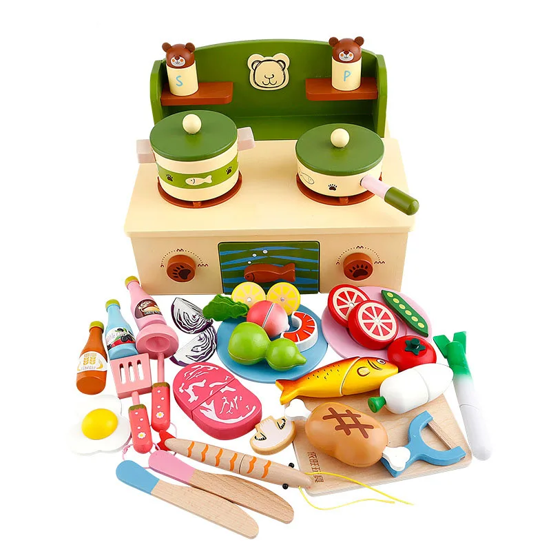 

Wooden children's cut fruit and vegetable simulation kitchen stove toy set
