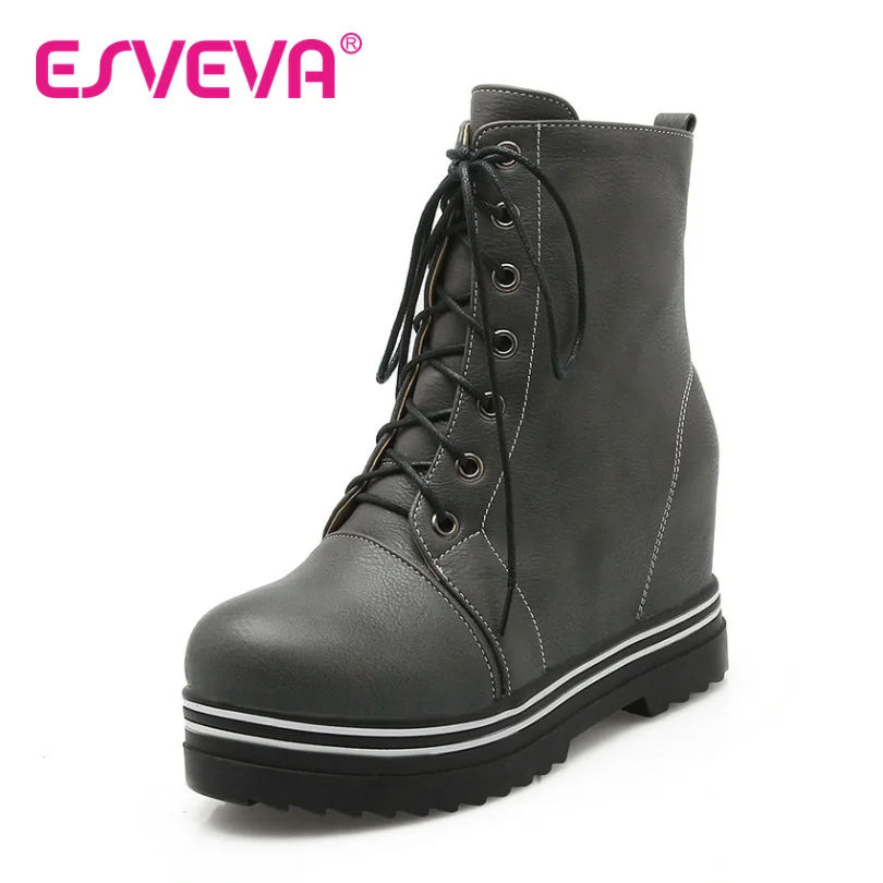 

ESVEVA Increased Internal Casual Shoes Women Wedges High Heel PU Ankle Boots Lace Up Ladies Motorcycle Boots Large Size 34-43