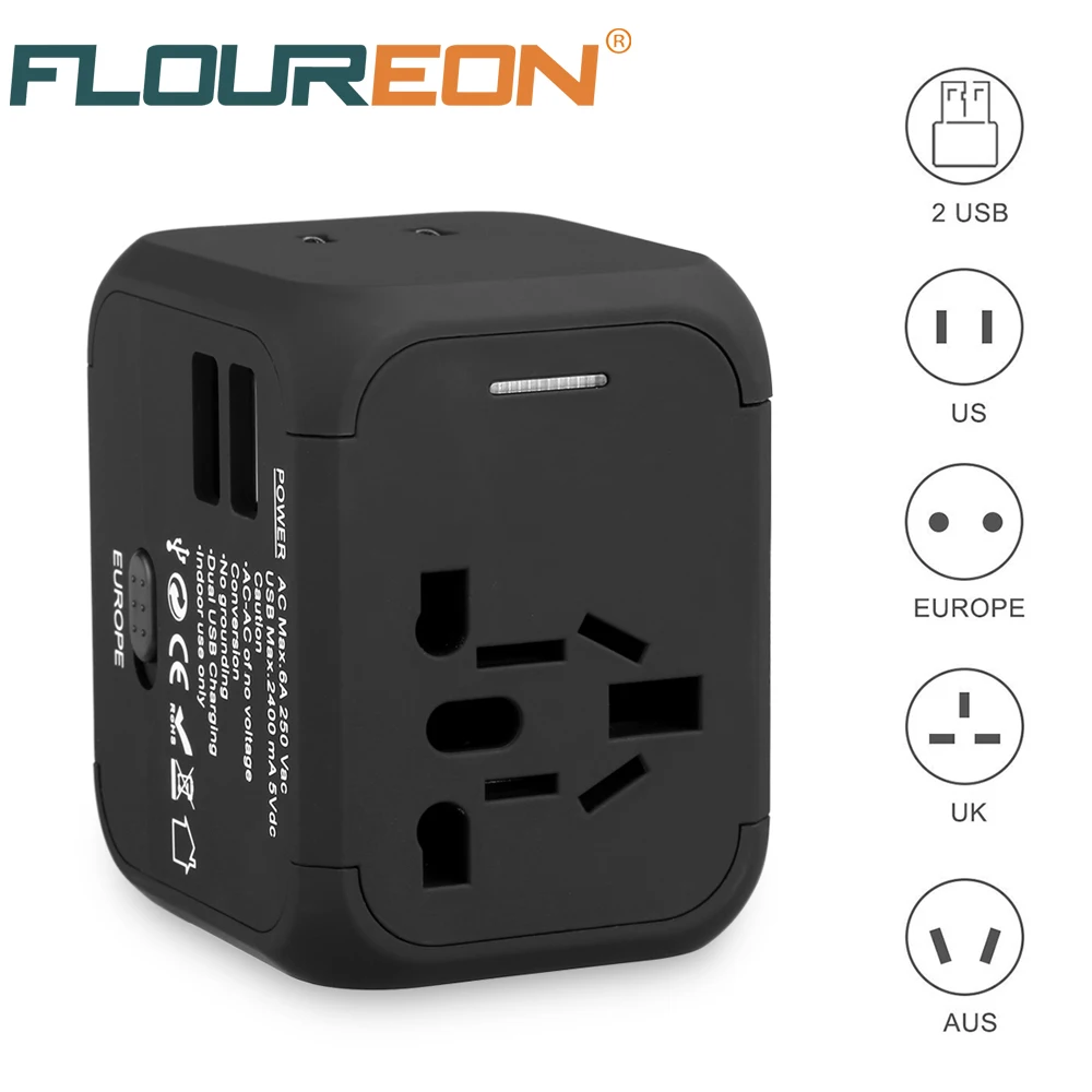 FLOUREON Международный адаптер питания для путешествий с 2.4A двойной USB зарядное устройство Универсальный AC настенная розетка для Великобритании, США, Австралии, Европы, Азии