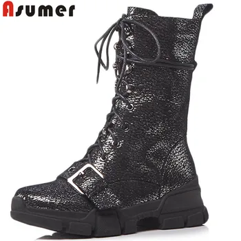 

ASUMER 2020 fashion new shoes woman round toe women boots zip genuine leather boots classic prom mid calf boots