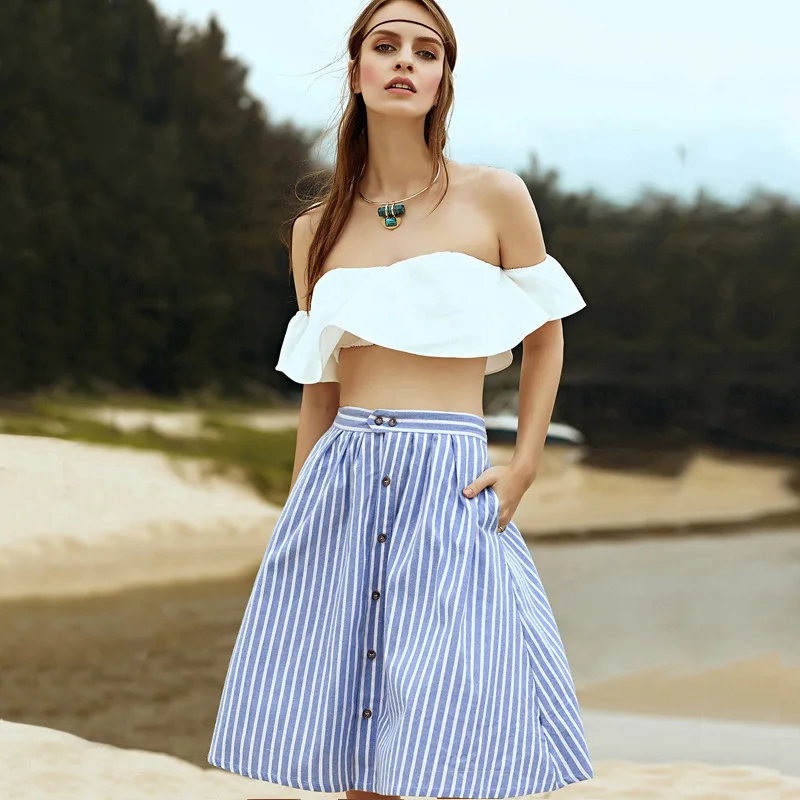 HLGO New Arrival 2018 Summer Cute Casual Knee Length Skirts Sytiz Striped A Line Blue Single