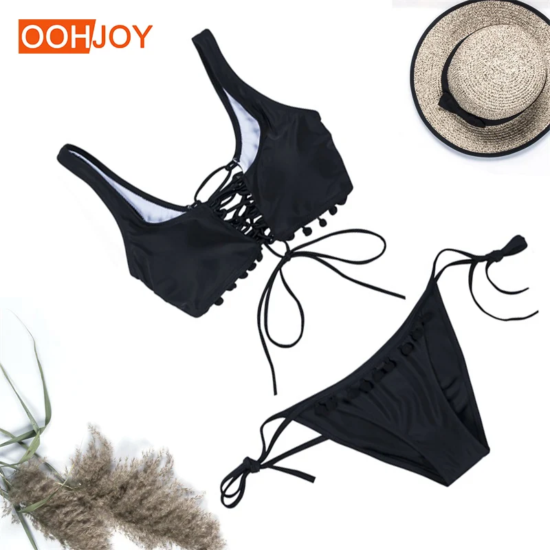

New Strappy Bandage Bikini Set Women Bathing Suit Tassel Swimwear S-XL Solid Color Swimsuit Girl Summer Beachwear Bikini