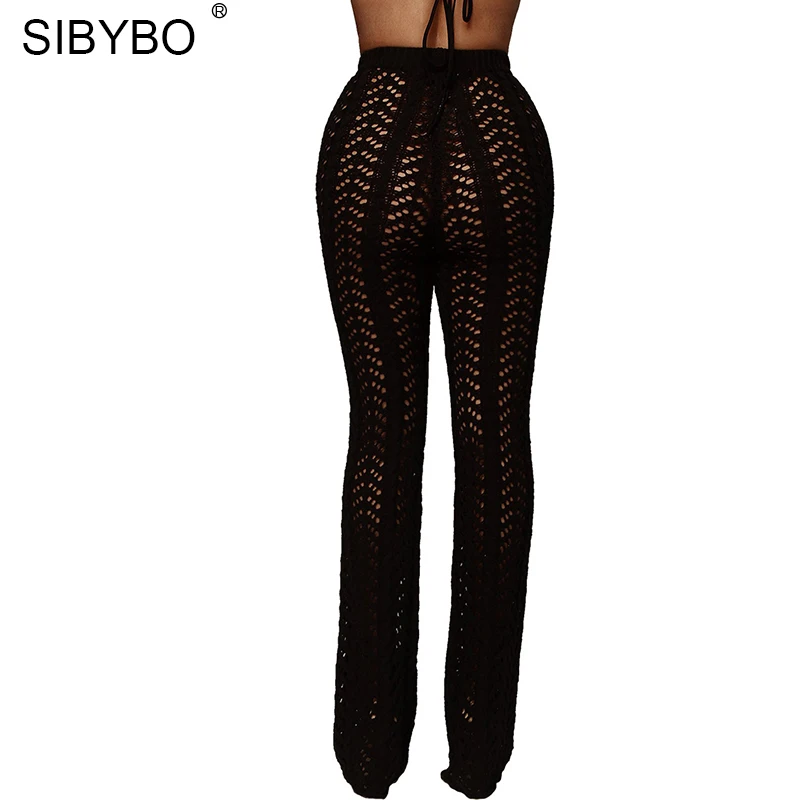 Sibybo, выдалбливают, вязанные, с высокой талией, сексуальные штаны, для женщин, модные, вязанные крючком, свободные, осенние брюки, для женщин, хлопковые, повседневные, женские штаны