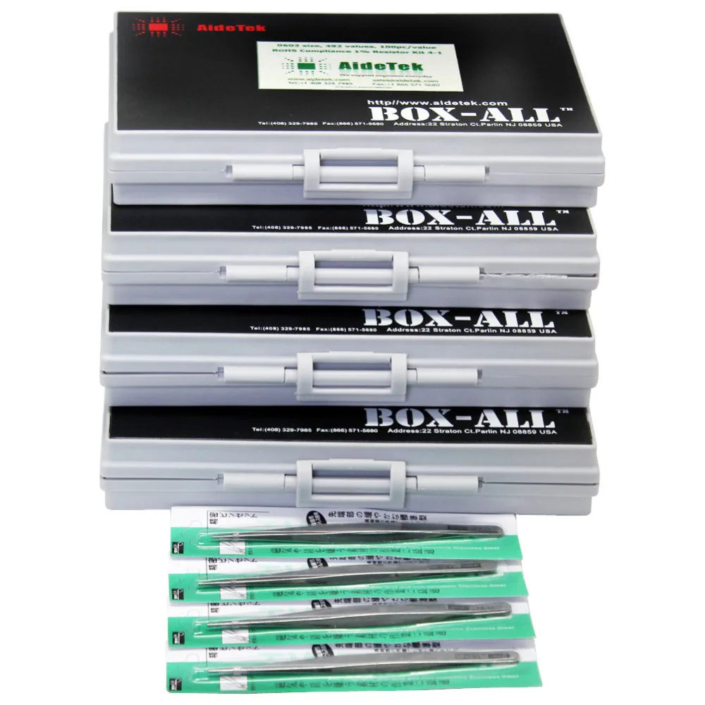 AideTek 표면 마운트 0603, smd LED1 % E96 저항 키트, 492x100pc, ROHS, 4 BOX-ALL 라벨 플라스틱 부품 박스, R06E96100