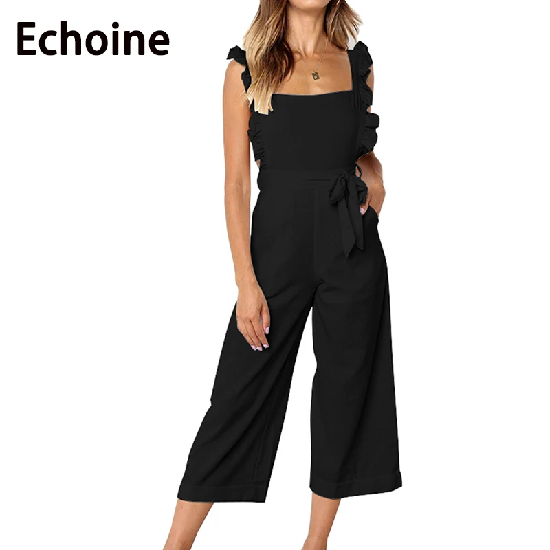

Echoine Women Jumpsuit Bandage Solid Color Spaghetti Straps Sleeveless Bodysuit Front Tie Ankle Length Pant Casual Women Romper