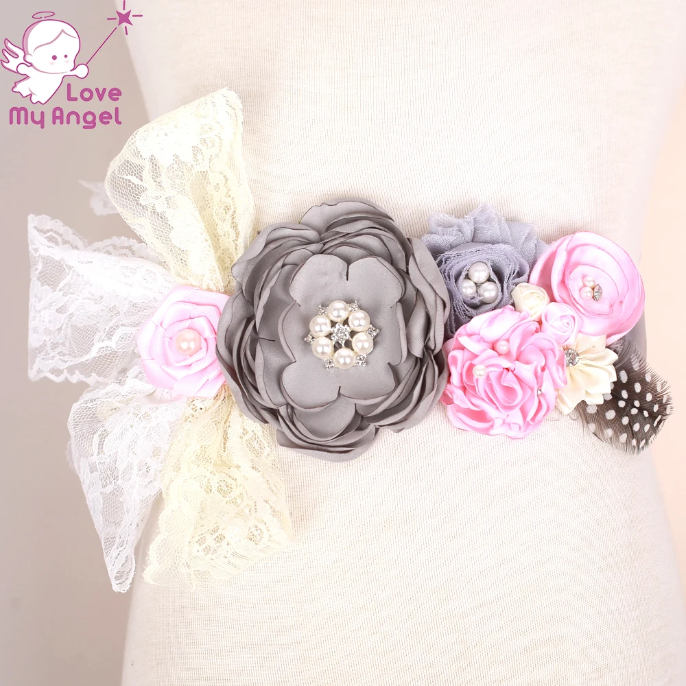 1pcs Pink and grey maternity sash flower girl sash belt lace satin