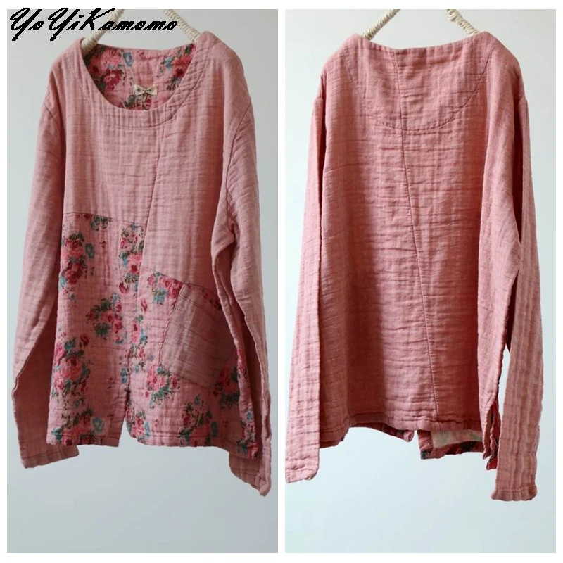 YoYiKamomo Женская хлопковая льняная рубашка, Весенняя винтажная новая Оригинальная рубашка с длинным рукавом и цветочным принтом, повседневные женские топы