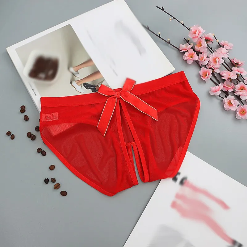 Сексуальные женские кружевные открытые трусики, Дамское сексуальное прозрачное нижнее белье, женские трусы, женское нижнее белье с бантом - Цвет: Красный