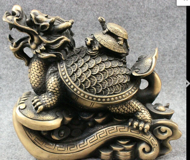 

wan671020+++8" Folk Chinese Bronze FengShui Longevity Shou Dragon Turtle On RuYi Statue