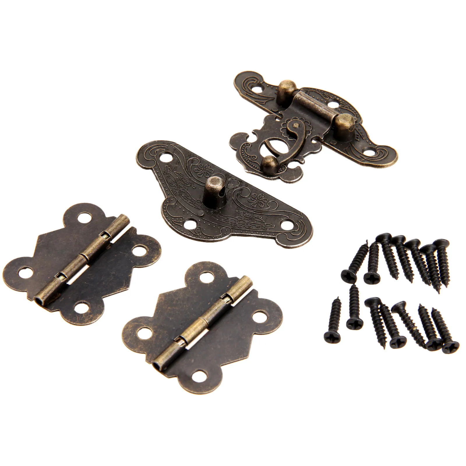 1Pc Antique Bronze Jewelry Wooden Box Case Toggle Hasp Latch +2Pcs Cabinet Hinges Furniture Accessories Iron Vintage Hardware