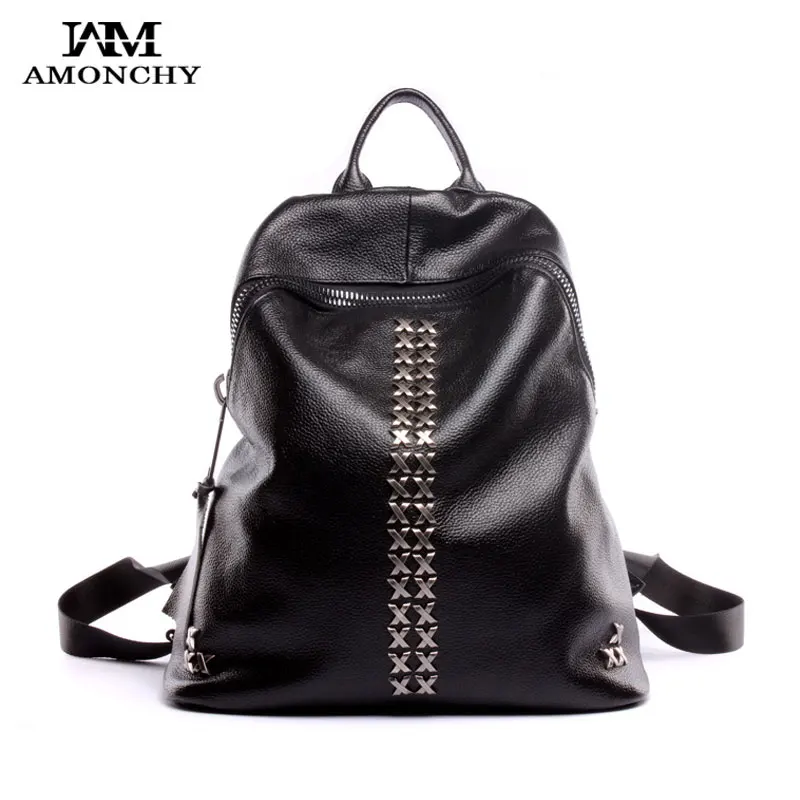 100 Genuine Leather Women Backpacks Fashion Rivet Backpack Ladies Leather Backpacks Brand Girl School Bags Daily