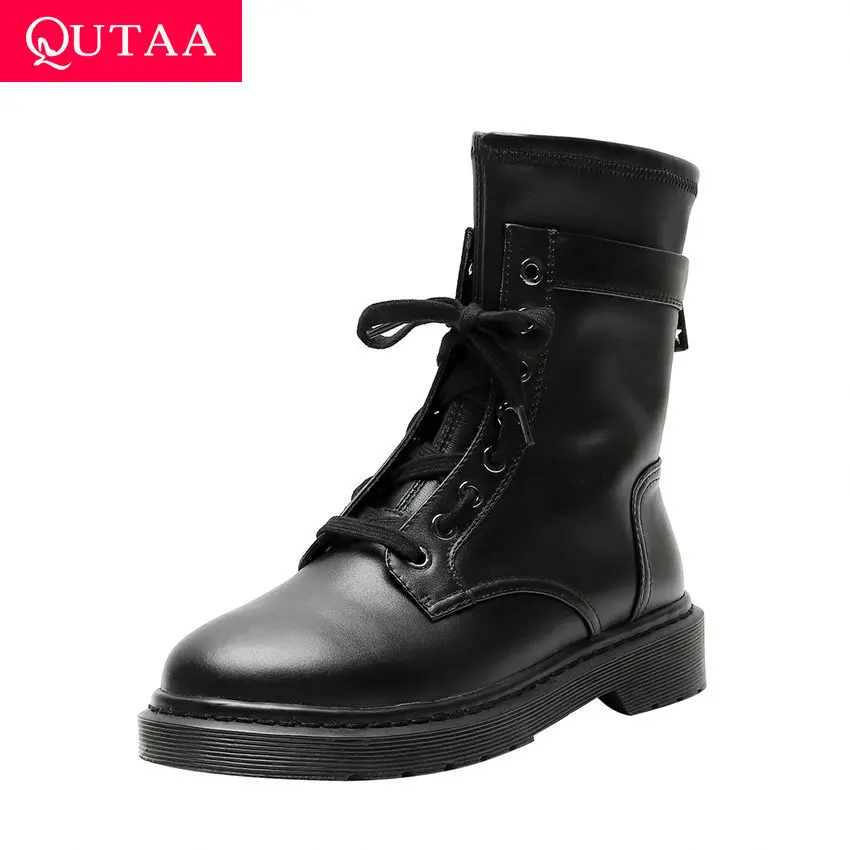QUTAA/ г. Удобная женская обувь из коровьей кожи с круглым носком Модные осенне-зимние ботильоны на толстом низком каблуке со шнуровкой на молнии размеры 34-42