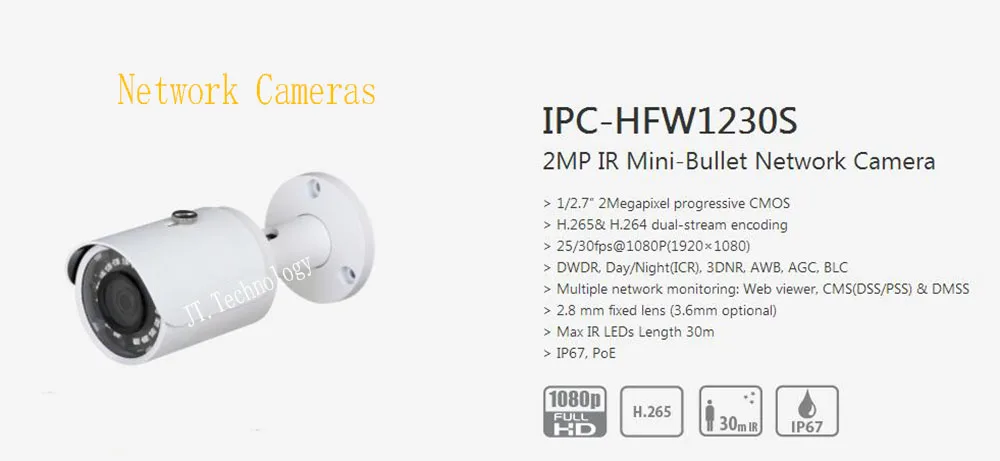 

In Stock dahua Free Shipping CCTV IP Camera 2MP Surveillance IR Mini-Bullet Network Camera With POE IP67 No Logo IPC-HFW1230S
