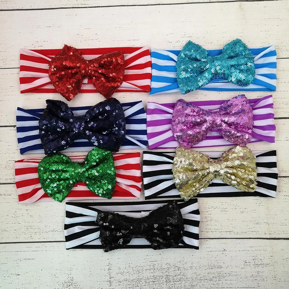 

Sequins Glitter Bow Nylon Baby Girls Headbands 7Colors Baby Turban Infant Photography Props Kidocheese