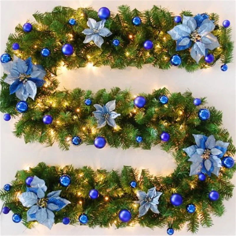 270cm Christmas garland Christmas rattan with bows and Fairy led lights Christmas decoration for home party New Year supplies - Color: blue