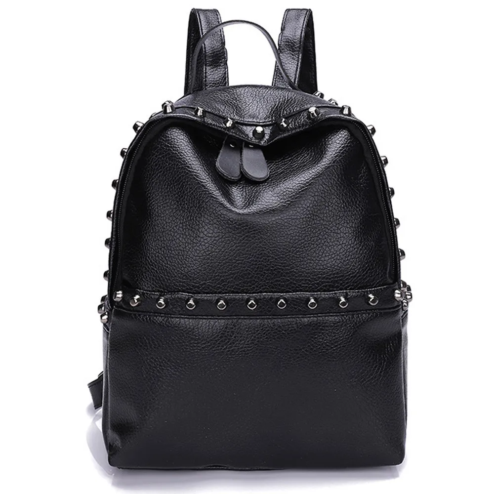 2019 Vintage Backpack Women Students Leather Rivets Shoulder Bag Fashion Solid Black School Bag Tote Backpack Mochila Feminina
