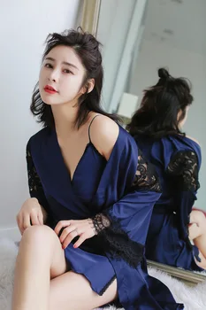 

Women Hot Silk Robe Femme Set Lace 2pcs Sets Pyjamas for Women Indoor Clothing