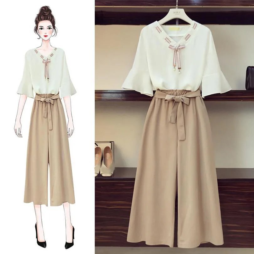 

Womens 2 piece sets 2019 woman clothes pant set beach outfit cotton t shirt and solid pant